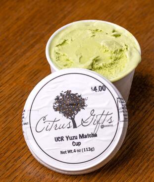 Citrus Gifts UCR Yuzu Matcha Ice Cream Cup on a wooden table.